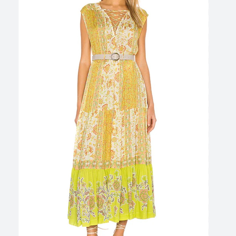 FREE PEOPLE Hanalei Bay Maxi Dress Yellow Combo Sz XS Flowy oversized Bohemian.